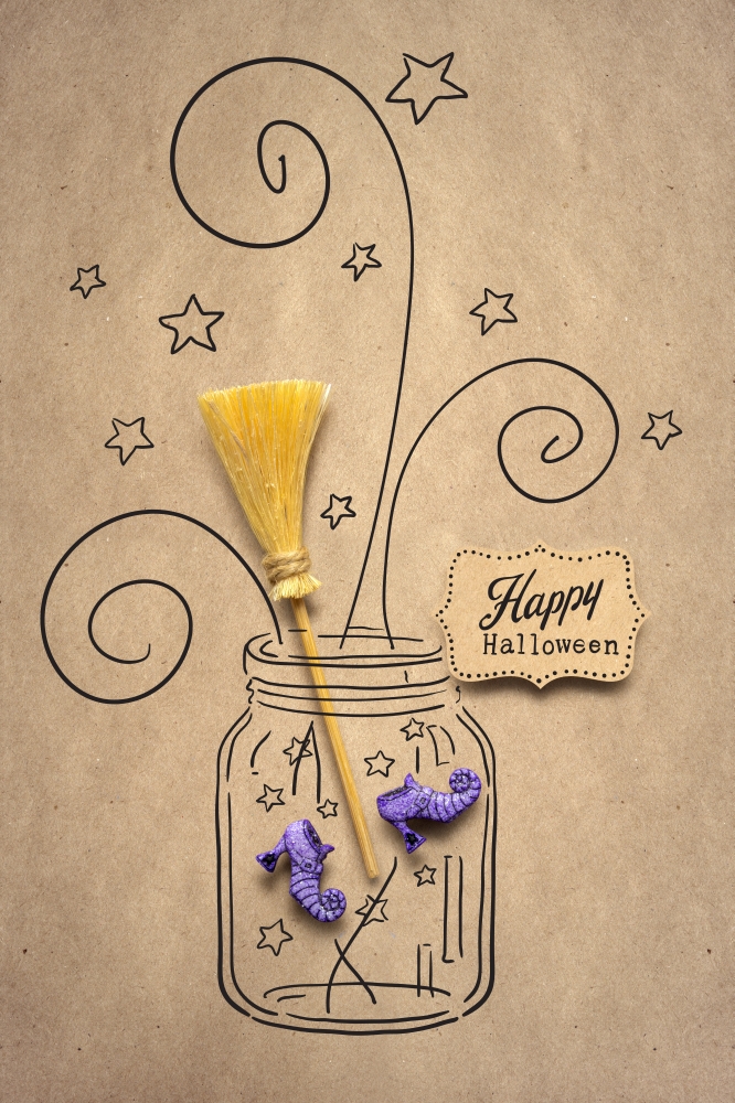 Creative halloween concept photo of witches shoes and broom in a bottle made of paper on brown background.