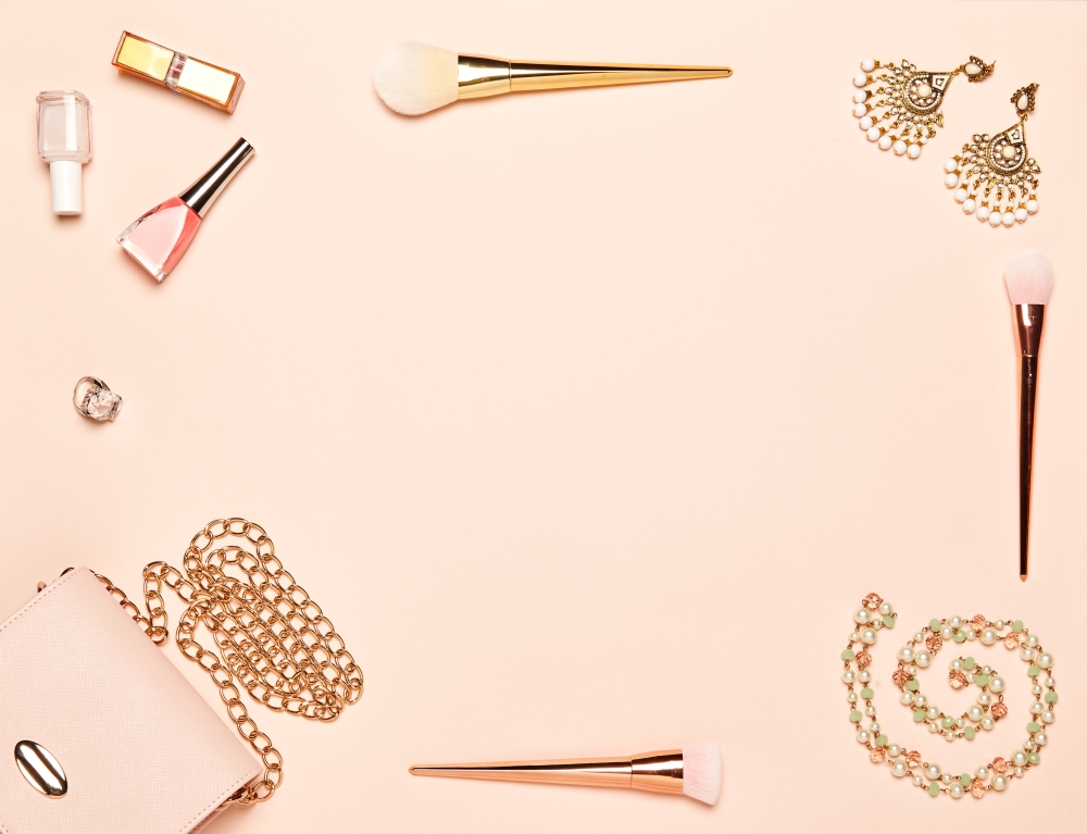 Fashion lady accessories set. Falt Lay. Stylish handbag. Make-Up brushes. Jewelry and nail polish. Women accessories