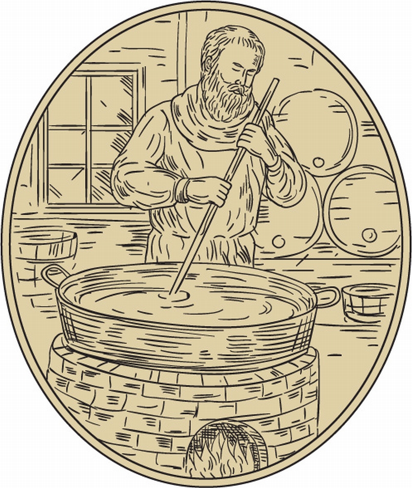 Drawing sketch style illustration of a medieval monk brewer brewing beer in brewery with barrel in background viewed from front set inside oval shape. . Medieval Monk Brewing Beer Oval Drawing
