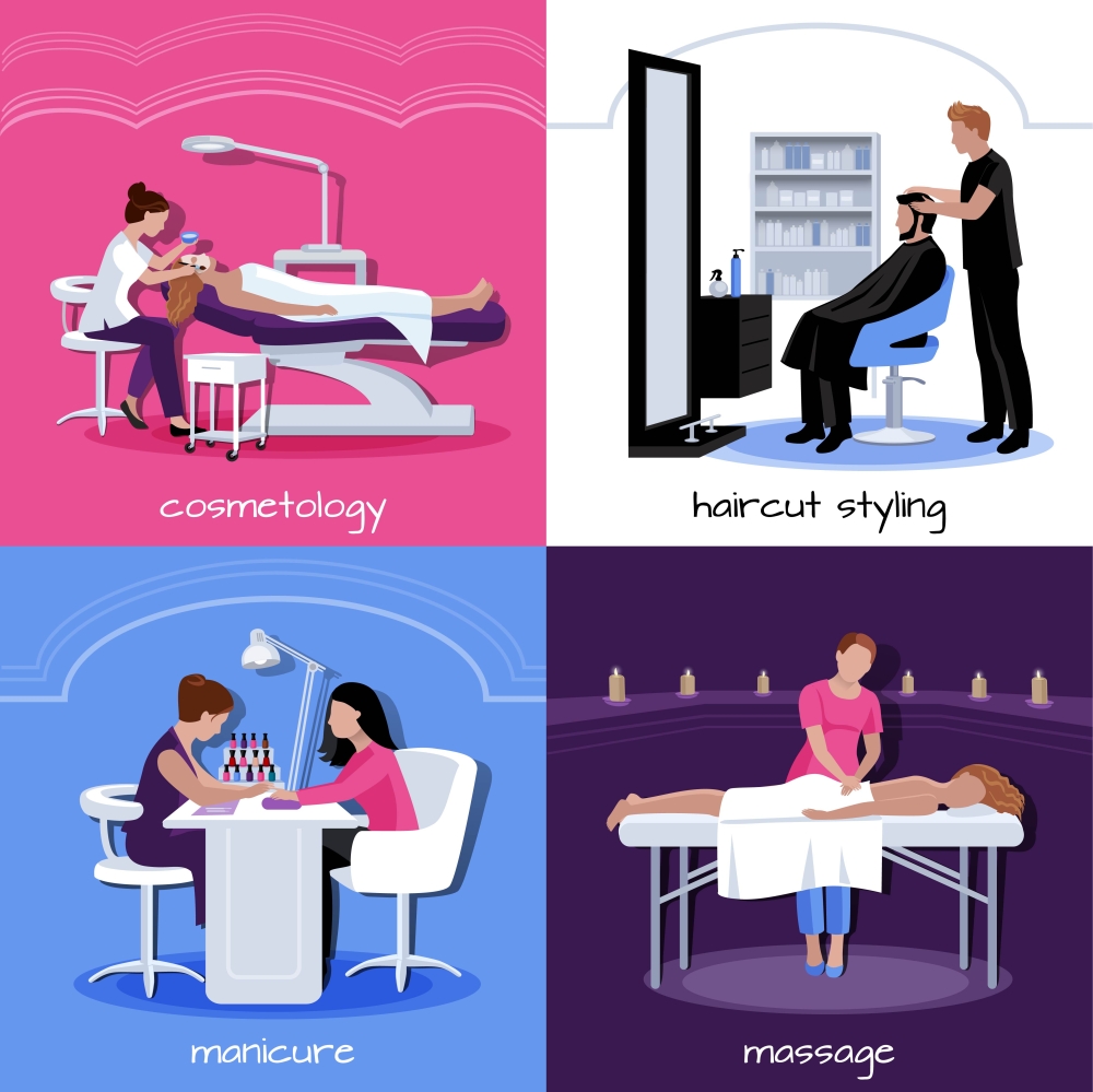 Beauty Salon People Concept. Beauty salon people concept with various relax stylish and cosmetic procedures in flat style isolated vector illustration