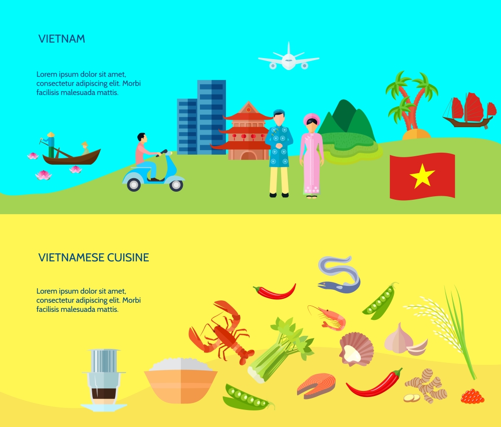 Vietnamese Culture 2 Horizontal Flat Banners . Information on vietnamese cuisine culture and places of interest and 2 flat horizontal banners abstract isolated vector illustration