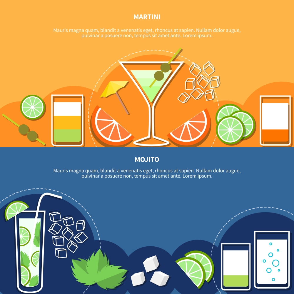 Cocktail Horizontal Banners. Cocktail horizontal banners with colorful icons of alcoholic drinks and their components vector illustration