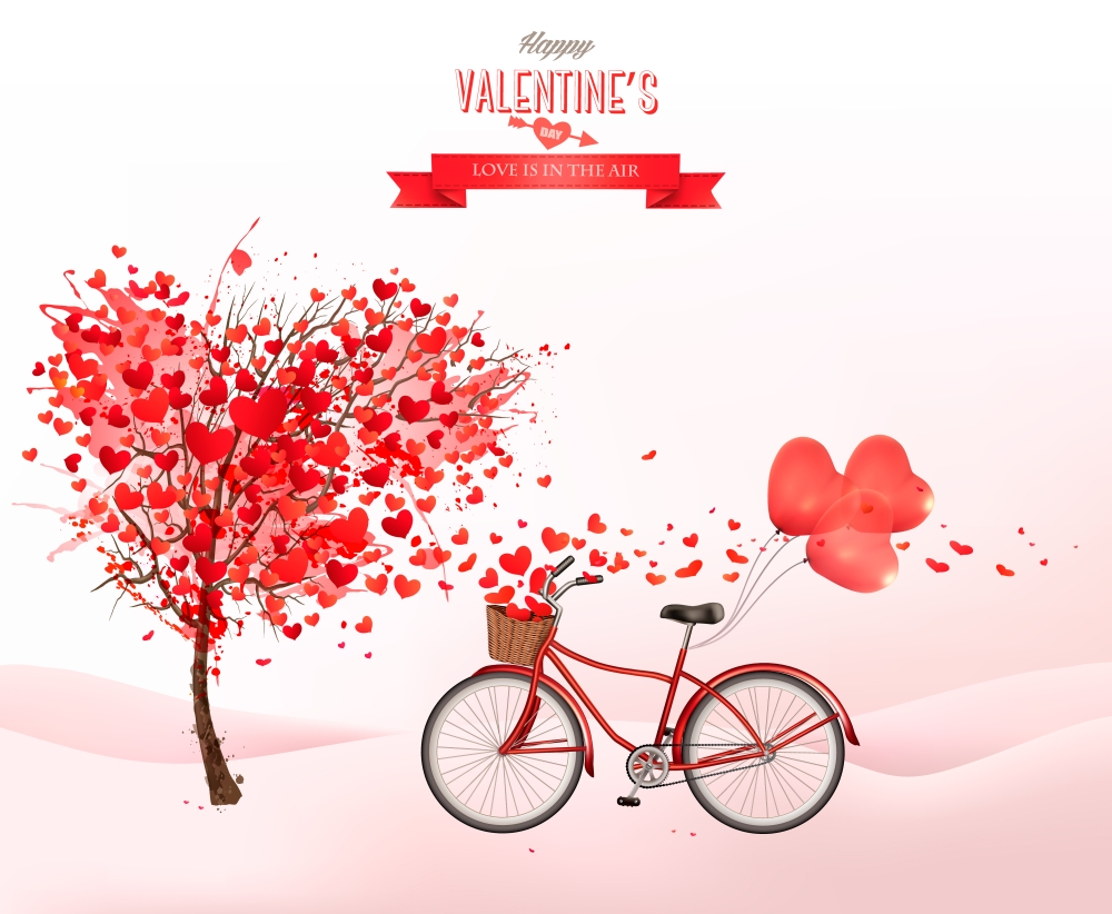 Valentine holiday background with heart shaped tree and bicycle with red balloons. Vector.