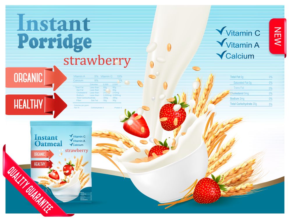 Instant porridge advert concept. Milk flowing into a bowl with grain and strawberry. Vector.