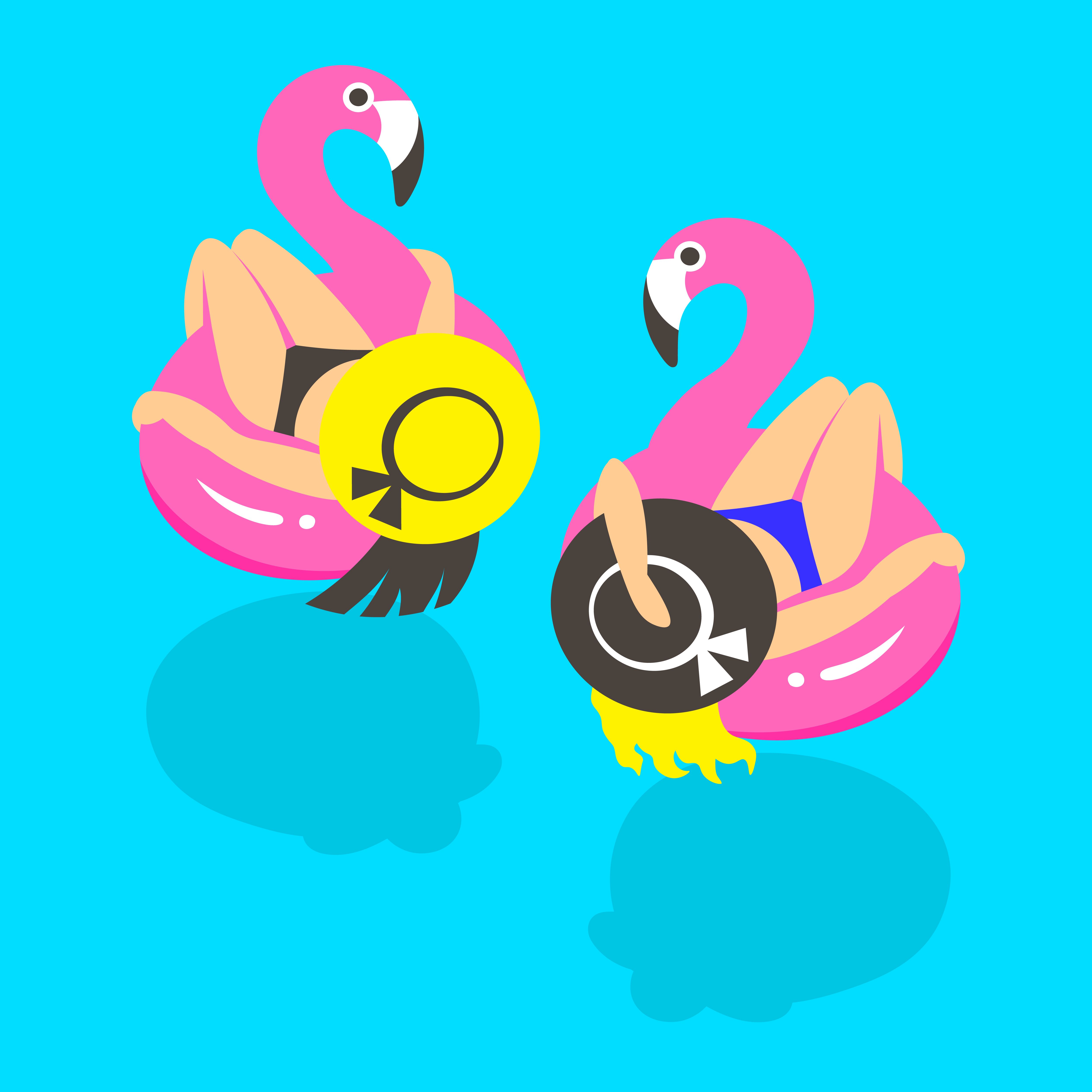 Girls on an inflatable pink flamingo in summer of swims and rests.. Girls on an inflatable pink flamingo in summer of swims and rests. Vector illustration.