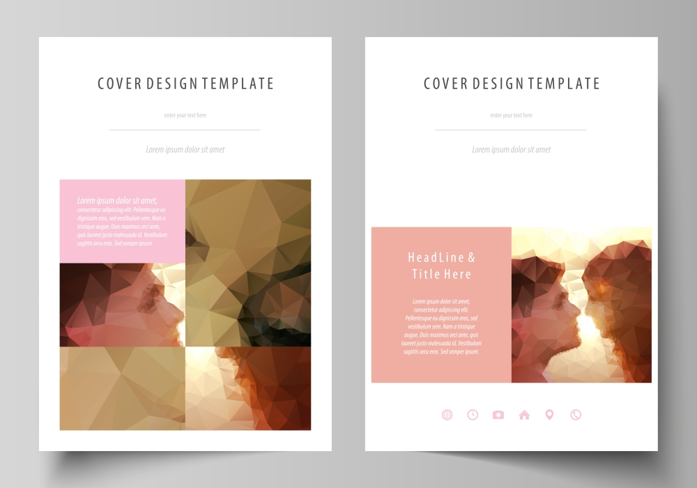 Business templates for brochure, magazine, flyer. Cover design template, abstract vector layout in A4 size. Romantic couple kissing. Beautiful background. Geometrical pattern in triangular style.. Business templates for brochure, magazine, flyer, booklet or annual report. Cover design template, easy editable vector, abstract flat layout in A4 size. Romantic couple kissing. Beautiful background. Geometrical pattern in triangular style.