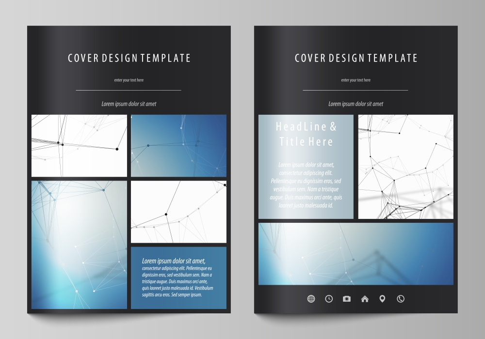 Business templates for brochure, flyer, booklet, report. Cover design template, vector layout in A4 size. Geometric blue color background, molecule structure, science concept. Connected lines and dots. Business templates for brochure, magazine, flyer, booklet or annual report. Cover design template, easy editable vector, abstract flat layout in A4 size. Geometric blue color background, molecule structure, science concept. Connected lines and dots.