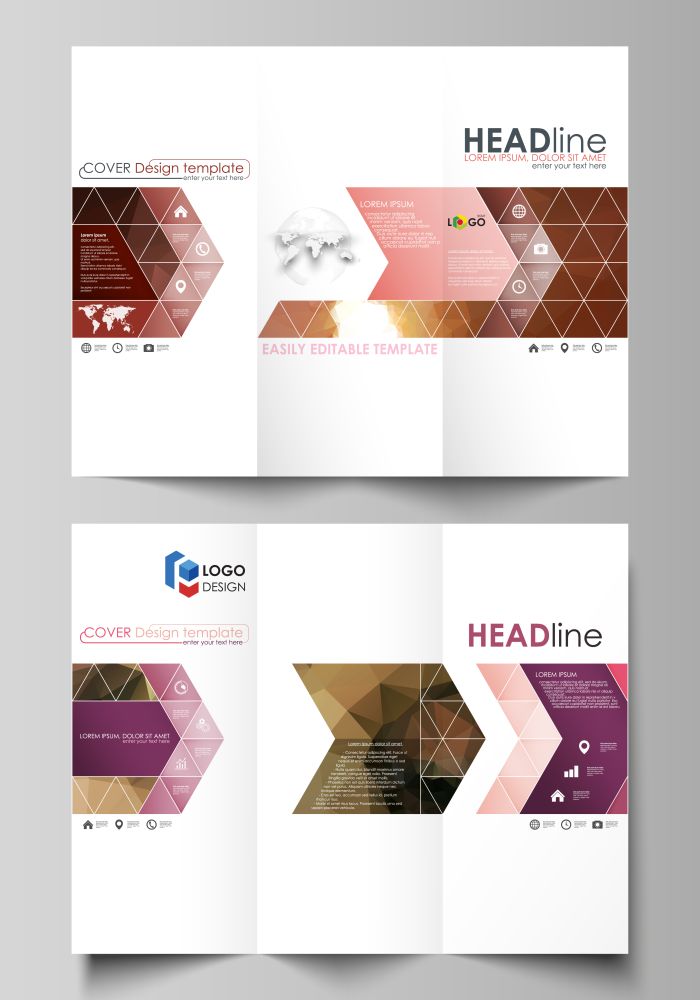 Beautiful background. Geometrical pattern in triangular style. Tri-fold brochure business templates on both sides. Easy editable abstract vector layout in flat design. Romantic couple kissing.. Tri-fold brochure business templates on both sides. Easy editable abstract vector layout in flat design. Romantic couple kissing. Beautiful background. Geometrical pattern in triangular style