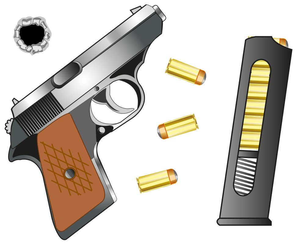 Gun and cartridge clip with patron. Weapon gun and cartridge clip with patron on white background