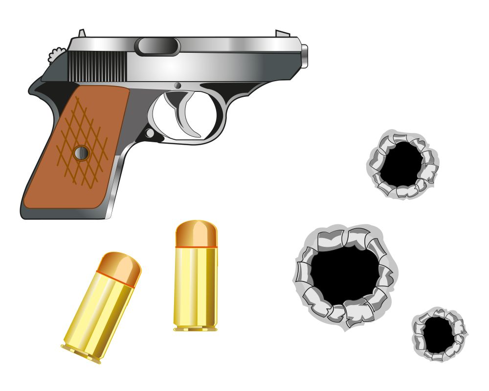 Gun and patrons. Gun with patron and bullet holes on white background