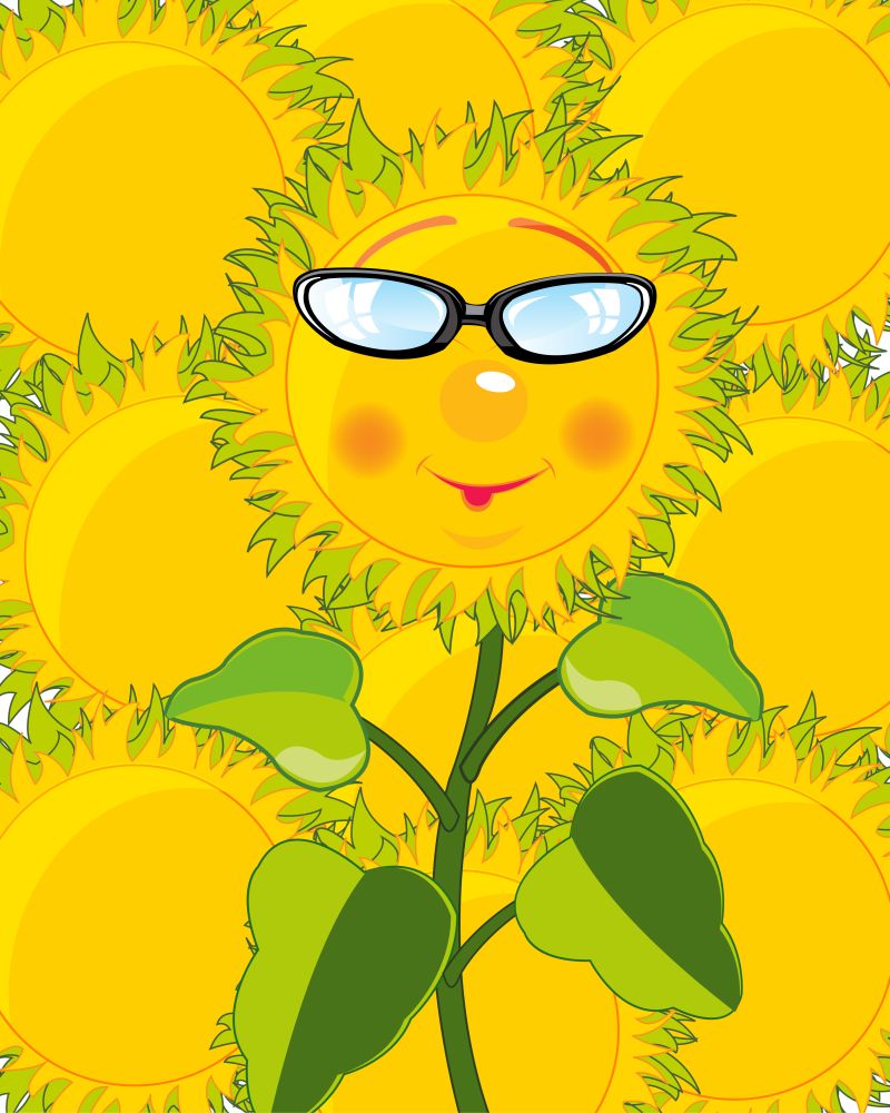 Cartoon of the sunflower bespectacled on background other sunflower. Cartoon of the sunflower bespectacled