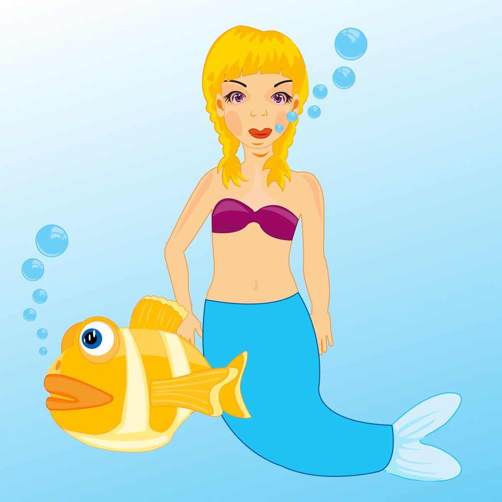 Mermaid in water. Girl mermaid and fish sail in water