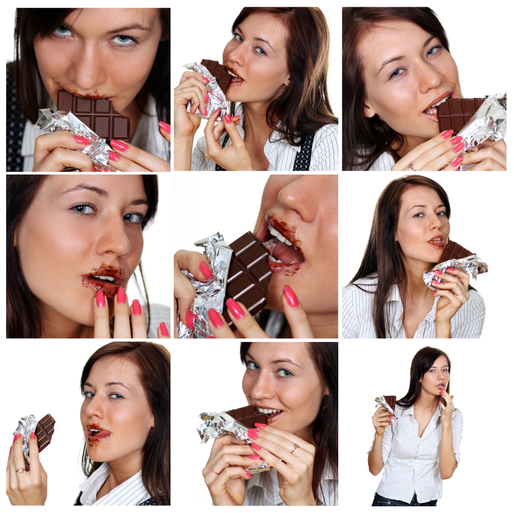 Collage, Young brunette women eating a chocolate candy, isolated on white