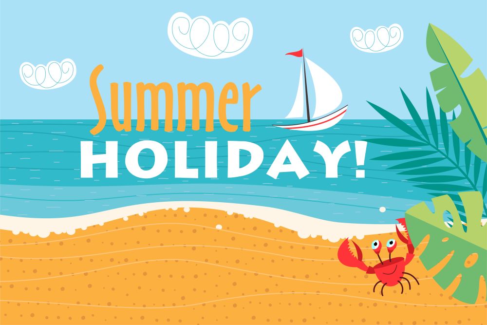 Summer holiday! Vector illustration, background, sea, sandy beach, yacht, summer.