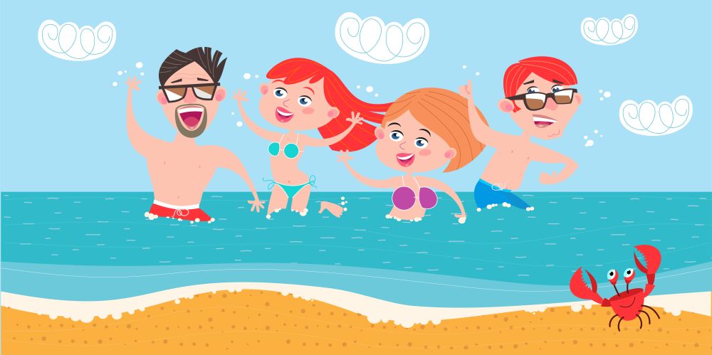 Hot summer holidays! Young people boys and girls swimming in the sea and enjoy the summer.
