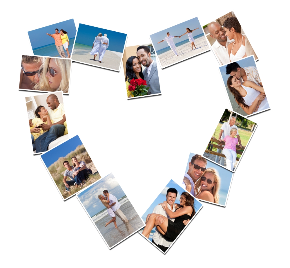 Heart shaped montage of happy, romantic, mixed race couples enjoying romantic lifestyle, at beach embracing, holding hands, drinking wine at home in love.