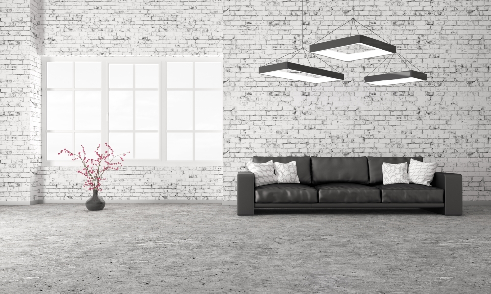 Modern interior of living room with sofaon concrete floor against of brick wall 3d rendering