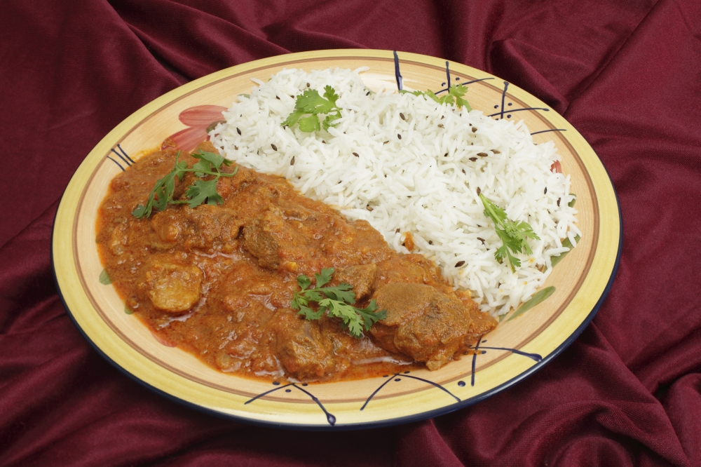 Lamb rogan josh, served with jeera (cumin) rice. A tilt-shift lens has been used to achieve huge depth of field.