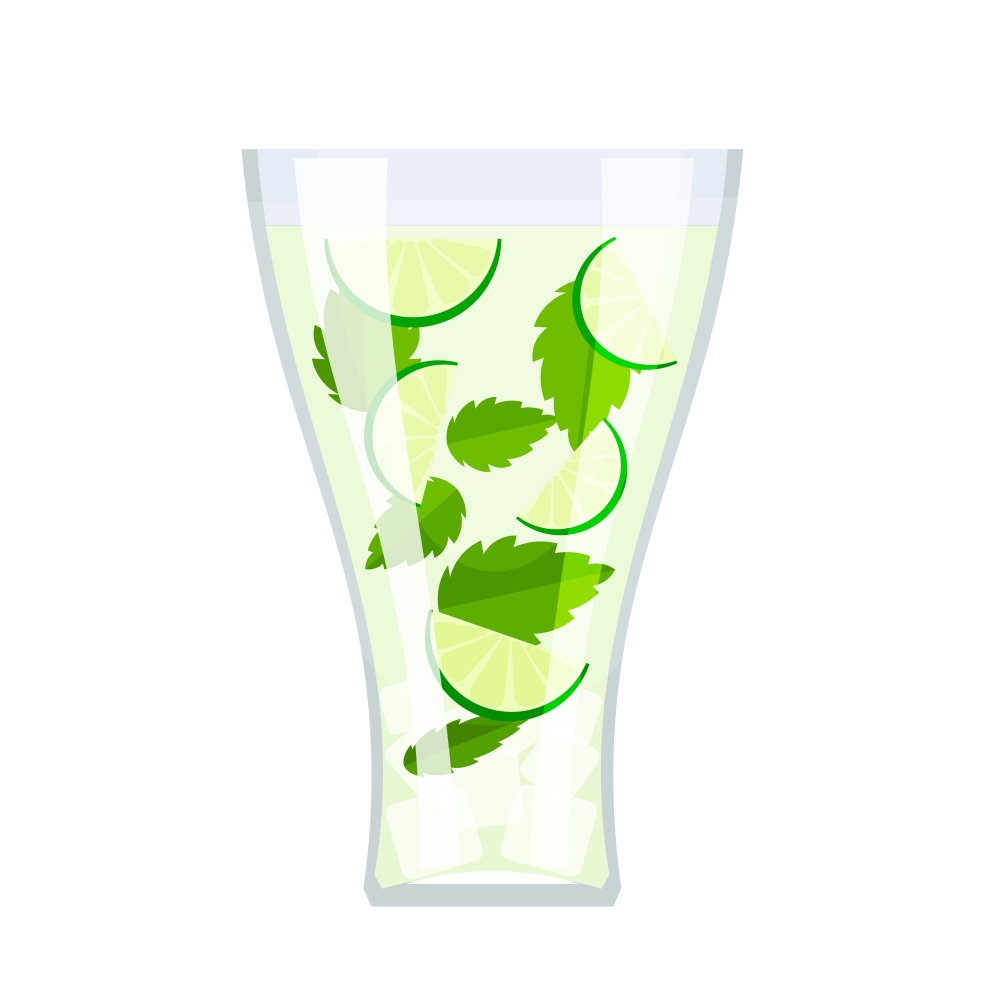 High glass glass with a drink mojitos, mint leaves, lime slices and ice cubes on a white &#xA;background. Isolate. Cartoon style. Stock vector illustration