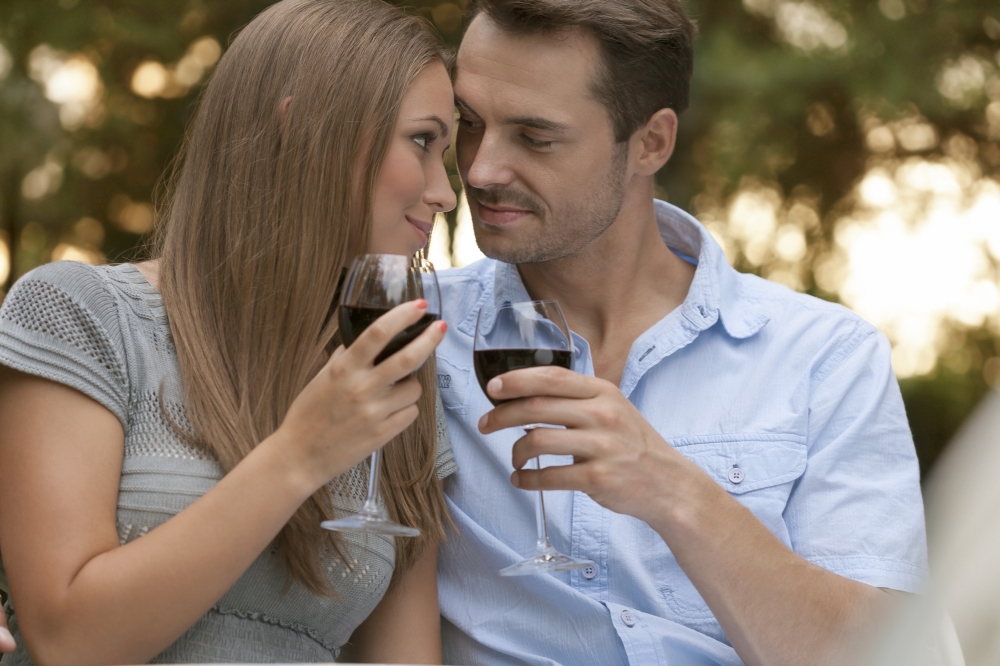 Loving young couple toasting red wine in park
