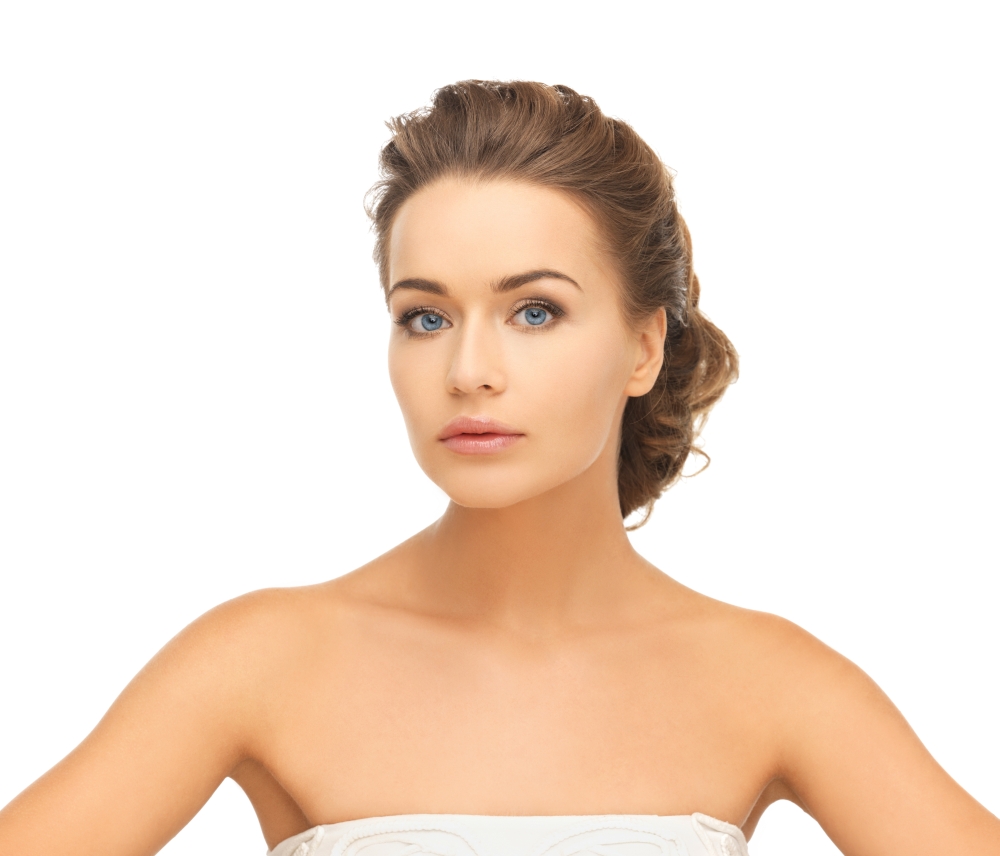 health and beauty concept - face of beautiful bride with evening updo (can be used as a template for jewelry)
