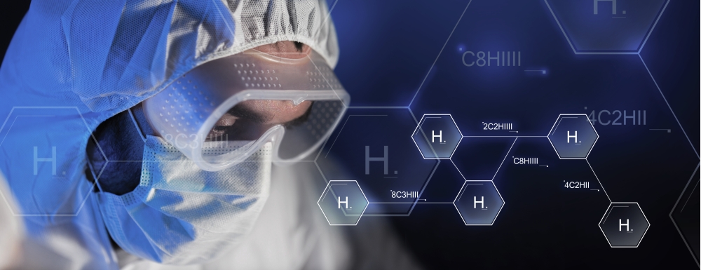 science, chemistry, biology, medicine and people concept - close up of scientist face in goggles and protective mask at chemical laboratory over hydrogen chemical formula
