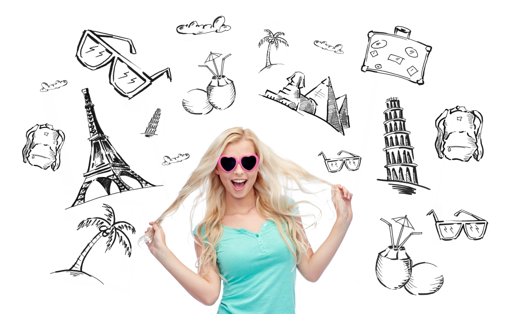 people, tourism, vacation and summer holidays concept - smiling young woman or teenage girl in sunglasses holding her strand of hair over touristic doodles