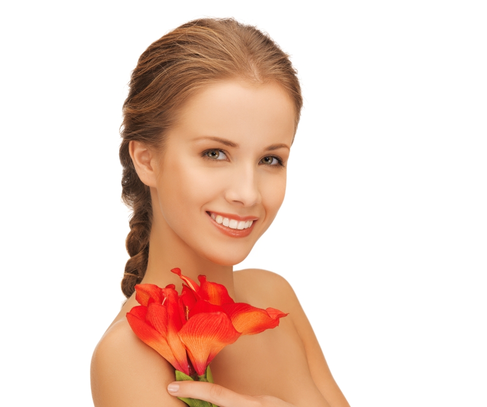 bright picture of lovely woman with red lily flower.