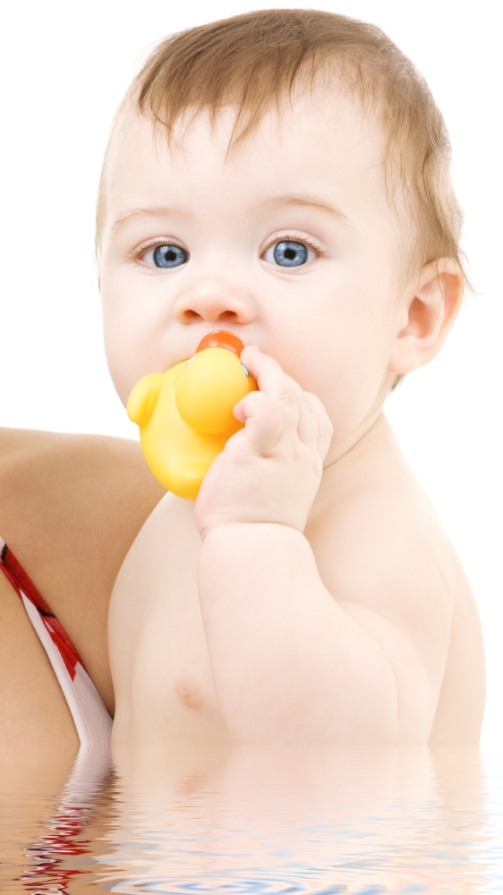 picture of blue-eyed baby boy with rubber duck