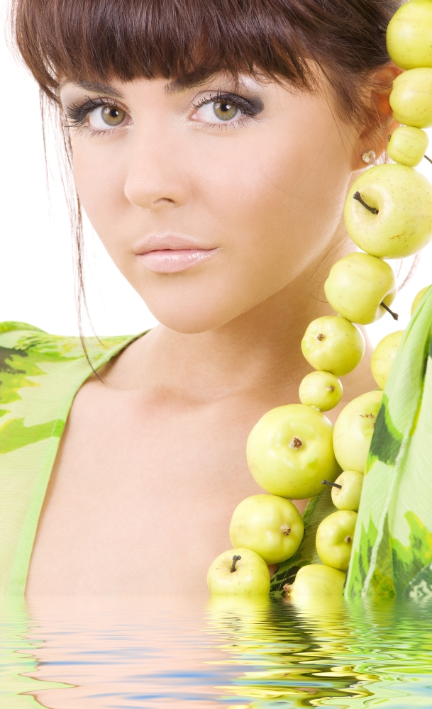 picture of beautiful woman with green apples in water