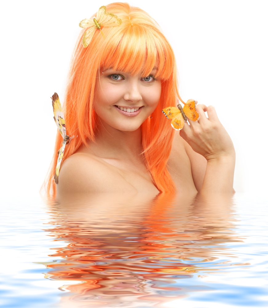 picture of lovely orange hair girl with butterflies in water