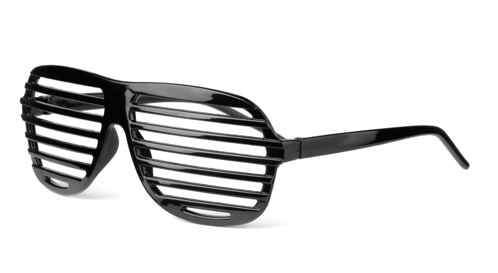 Black plastic shutter shades slatted sunglasses isolated on white