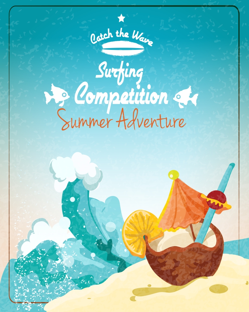 Surfing competition promo poster with sand beach and coconut cocktail vector illustration
