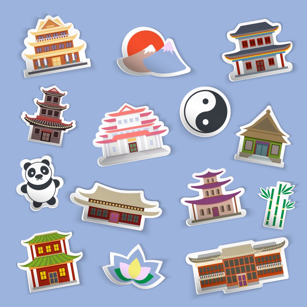 Chinese house and traditional culture symbols stickers isolated vector illustration