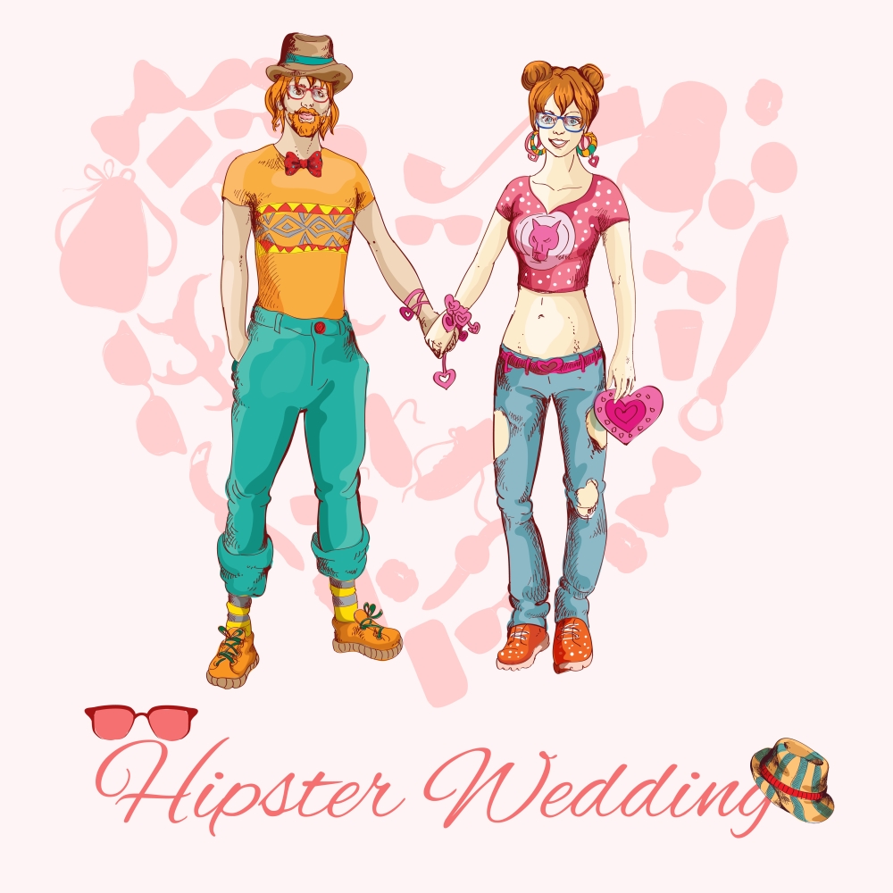 Hipster wedding card with couple fashion design elements in heart shape on background vector illustration