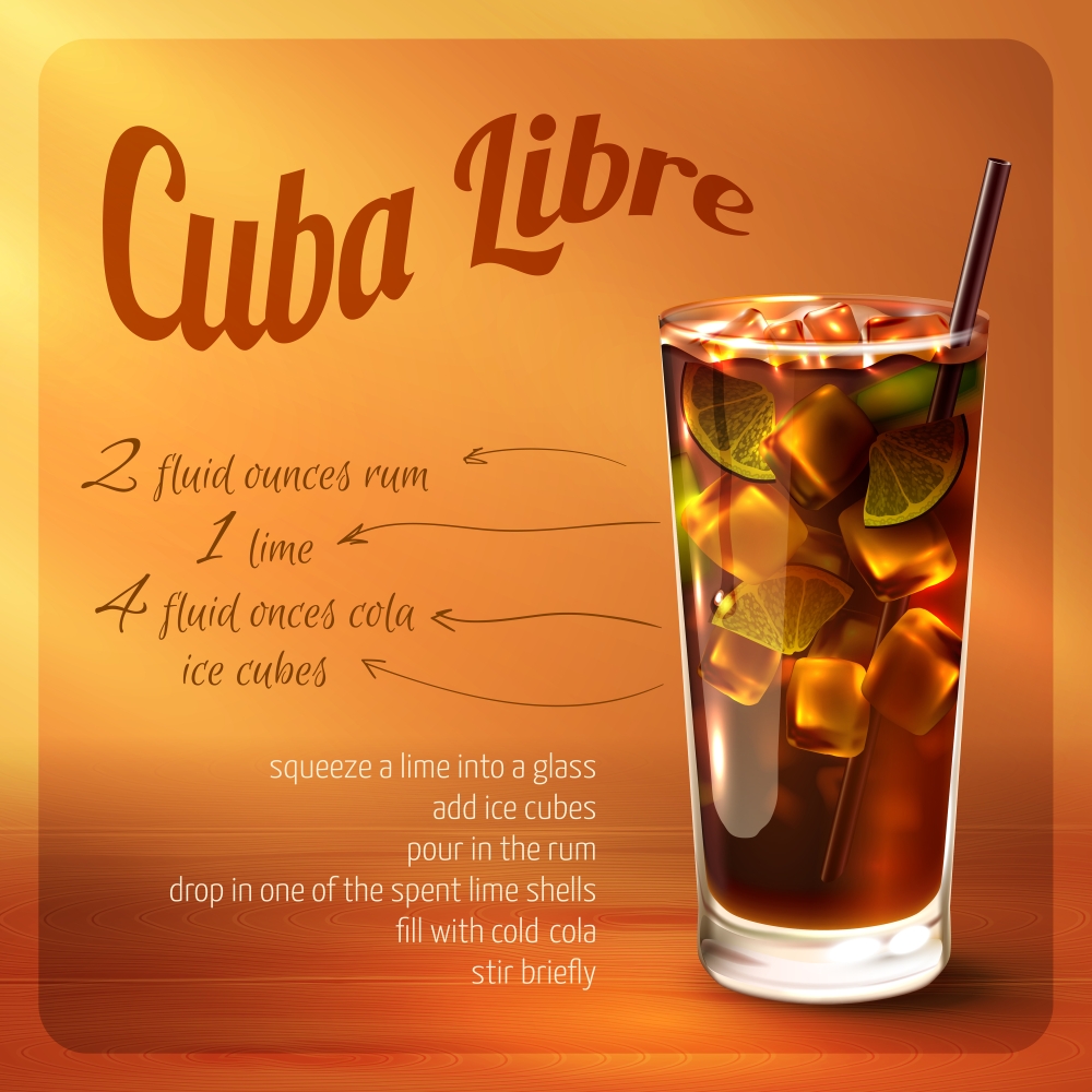 Cuba libre cocktail recipe with drink in glass with drinking straw on brown background vector illustration