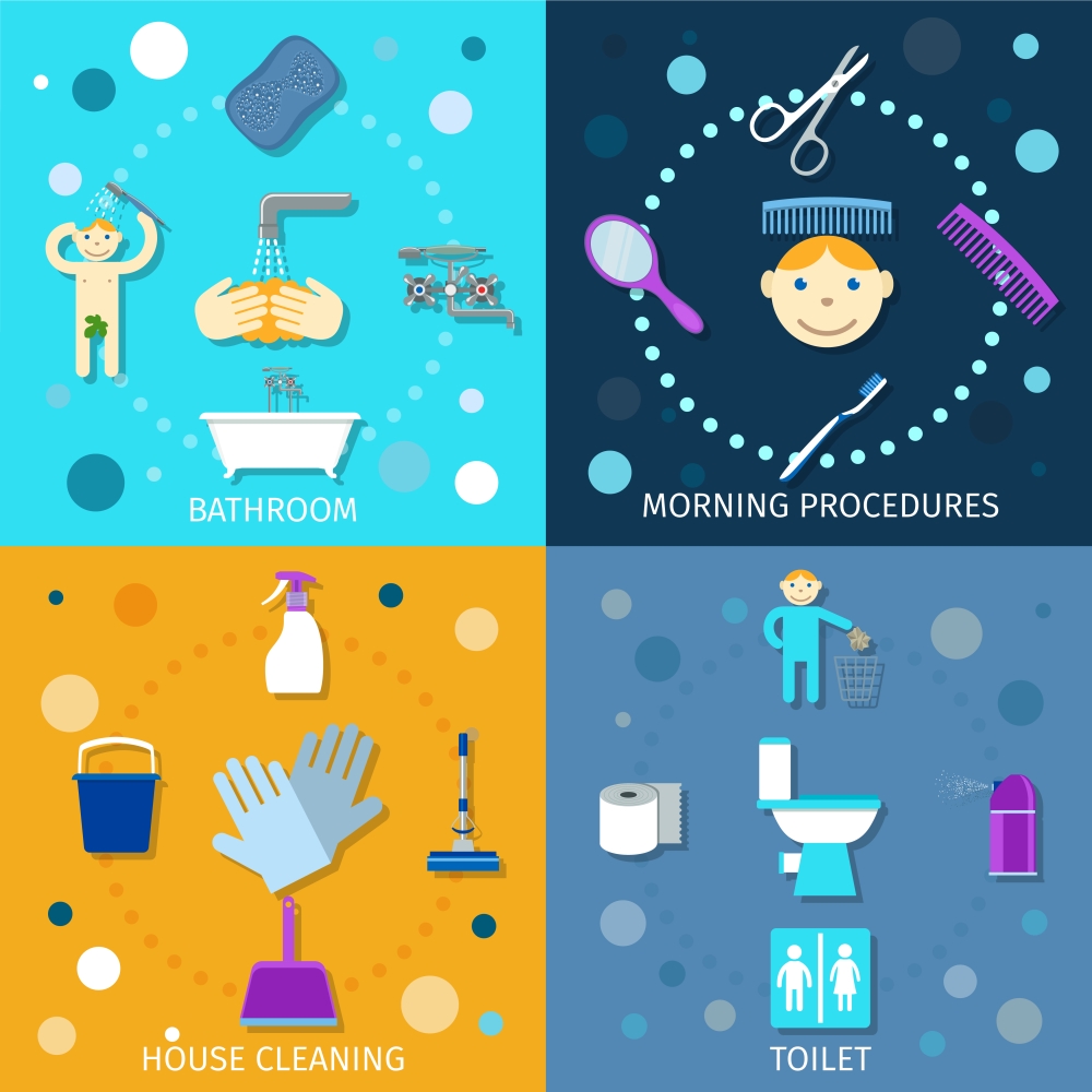 Hygiene icons flat set with bathroom morning procedures house cleaning toilet isolated vector illustration