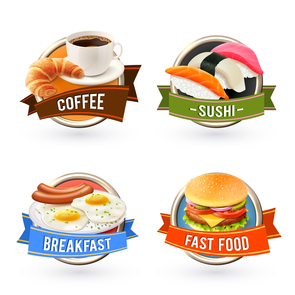 Breakfast labels set with coffee sushi fried egg fast food hamburger isolated vector illustration