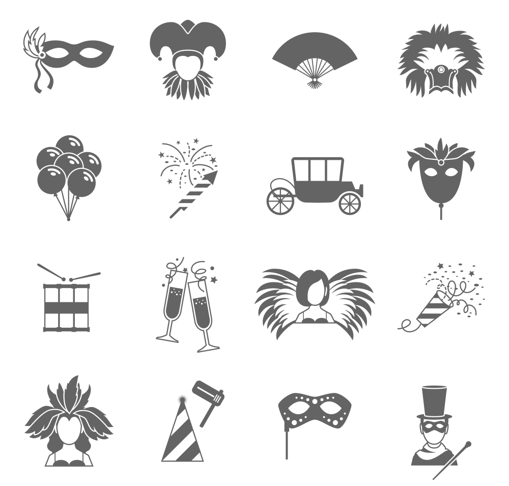 Carnival  festive face masks black icons set with feathers fan and magic wand abstract vector isolated illustration
