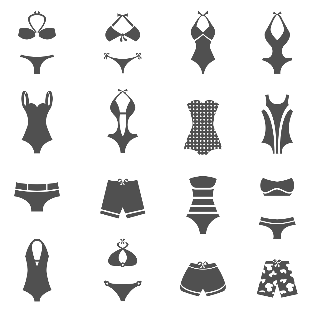 Woman fashionable swimwear black flat icons set isolated vector illustration. Swimwear Icons Set