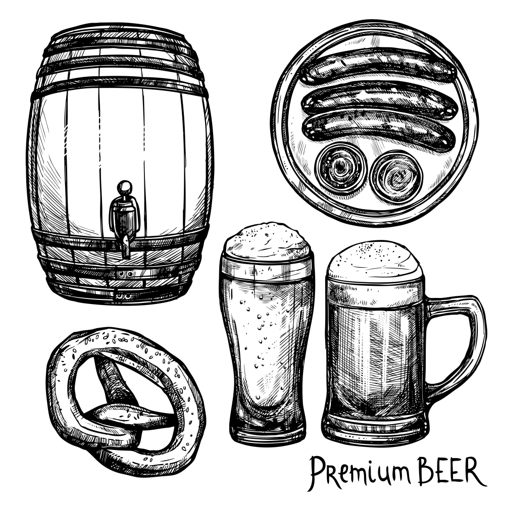Beer Sketch Decorative Icon Set. Beer in pint and keg with sausage and pretzel sketch decorative icon set isolated vector illustration