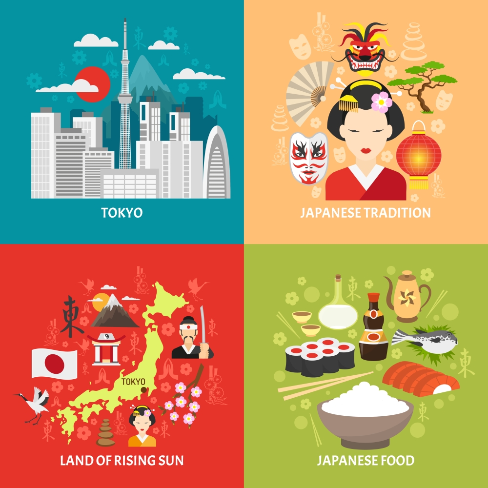 Japan Concept Icons Set . Japan concept icons set with Tokyo and Japanese food symbols flat isolated vector illustration