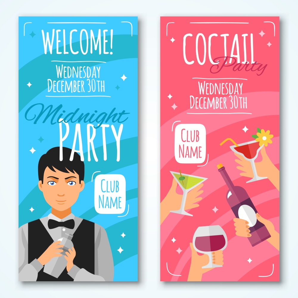 Cocktail Invitations Design Set . Flat cocktail invitations to midnight party with barmen and hands with wineglasses and bottle in retro style vector illustration