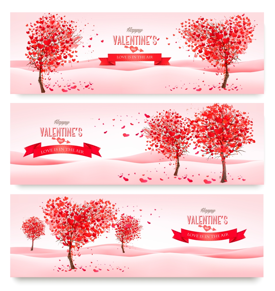 Three Holiday banners. Valentine trees with heart-shaped leaves. Vector