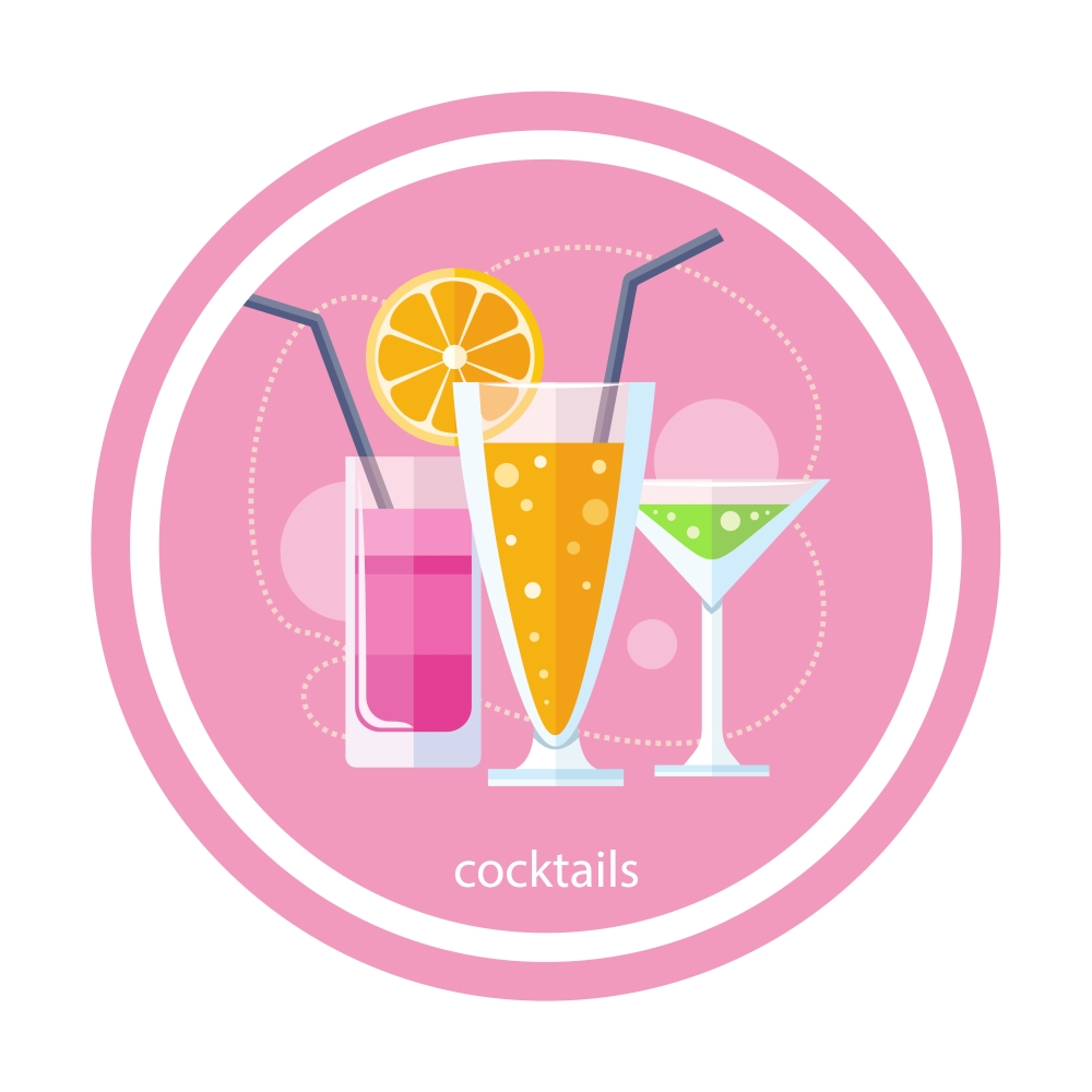 Cocktail drink fruit juice in flat design style. Retro style holiday cocktails. Set of alcoholic cocktails. Set of alcoholic cocktails