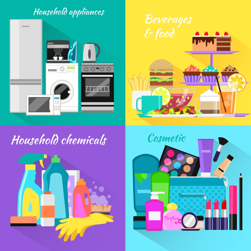 Household beverages food and cosmetic. Appliance and makeup fashion, lipstick and brush, powder and care, detergents and mascara, bottle product, drink and kitchen equipment illustration