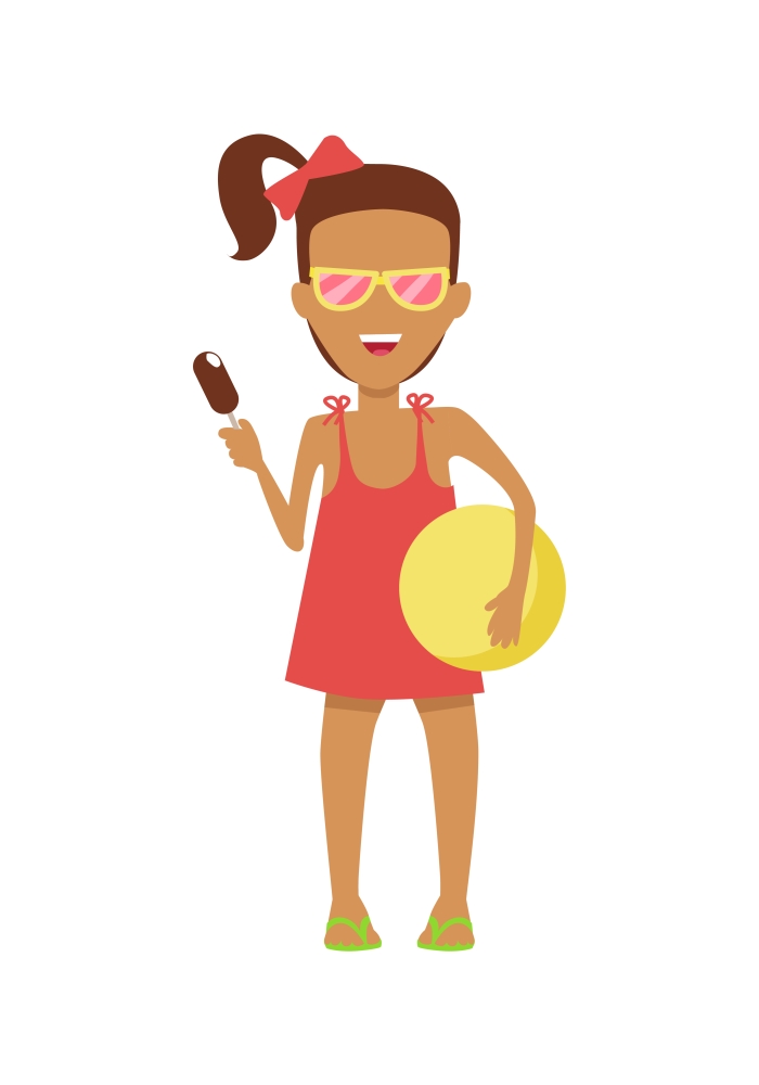Girl Character in Dress and Sunglasses Illustration. Girl character in dress and sunglasses with ice-cream and ball vector flat design illustration. Smiling child ready for summer camp ant beach entertainments standing isolated on white background.