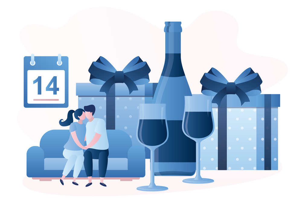 Love couple sitting on the couch and kissing. Gifts, Bottle and two glasses on background. People celebrate Valentine&rsquo;s Day on February 14th. Male and female characters in trendy style. Vector illustration