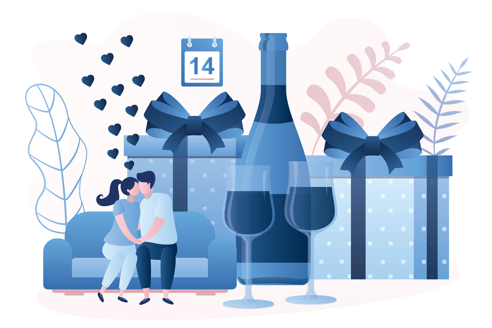 Love couple sitting on the couch and kissing. Gifts, Bottle and two glasses on background. People celebrate Valentine&rsquo;s Day on February 14th. Male and female characters in trendy style. Vector illustration