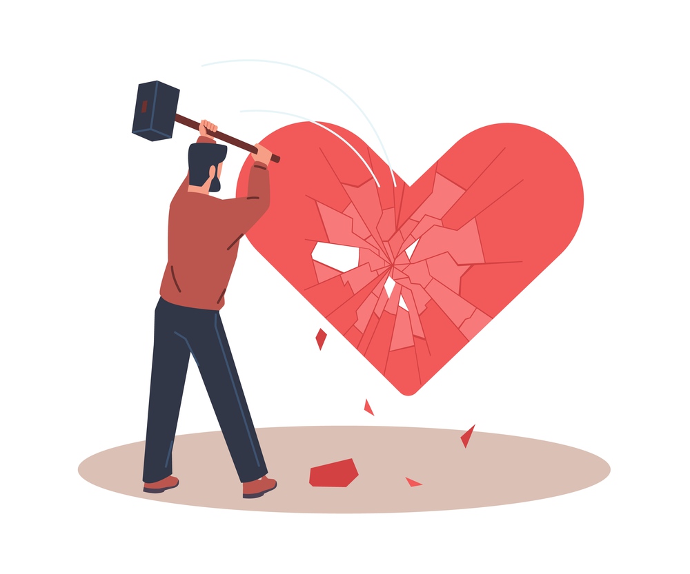 Man breaks big heart with hammer. Relationship breakup. Unhappy guy hitting love symbol. Romance destroy. Damaged amour. Young boyfriend sadness. Couple crisis. Lovers feeling crash. Vector concept. Man breaks big heart with hammer. Relationship breakup. Unhappy guy hitting love symbol. Romance destroy. Damaged amour. Young boyfriend sadness. Lovers feeling crash. Vector concept